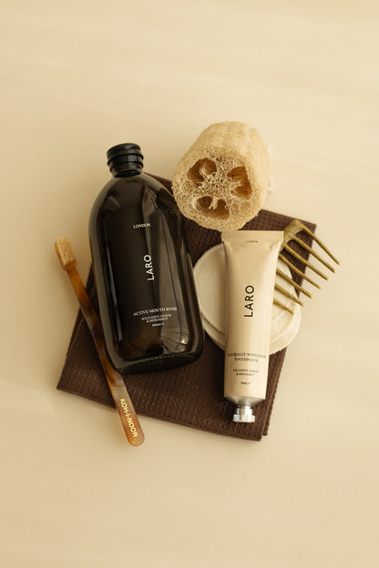 Laro's Signature Edit including Naturally Whitening Toothpaste, Full Size Active Mouth Rinse and Koh-i-Noor Toothbrush in cellulose acetate.