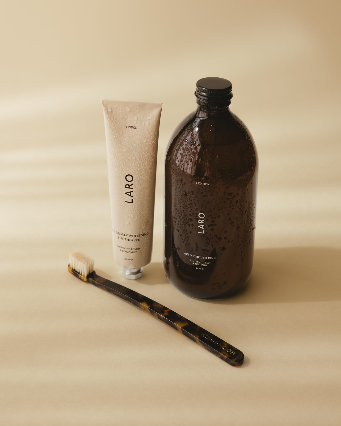 Laro's Signature Edit including Naturally Whitening Toothpaste, Full Size Active Mouth Rinse and Koh-i-Noor Toothbrush in cellulose acetate.