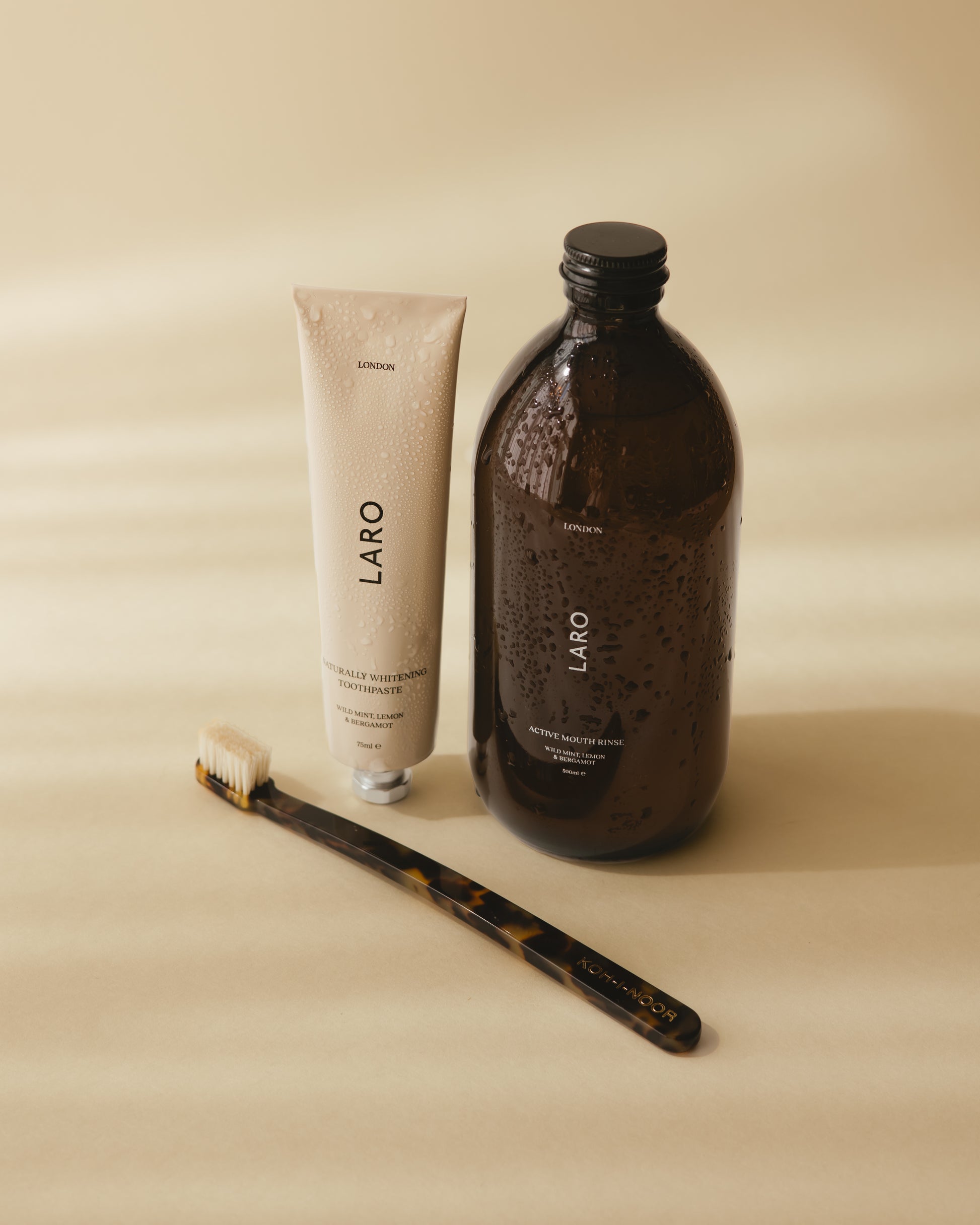 Laro's Signature Edit including Naturally Whitening Toothpaste, Full Size Active Mouth Rinse and Koh-i-Noor Toothbrush in cellulose acetate.