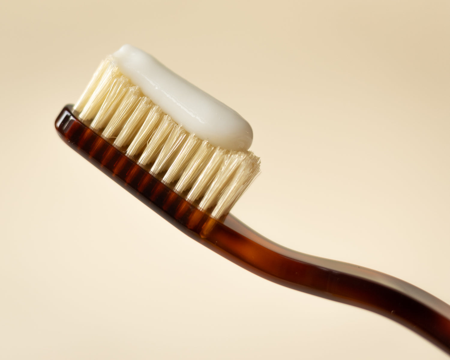 Close-up of brown cellulose acetate toothbrush with natural fibre bristles and a squeeze of white gel-like toothpaste. 